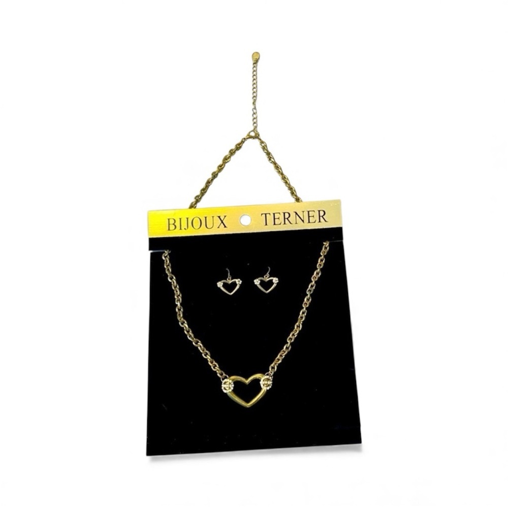 NEW bijoux terner vintage gold colour rhinestones heart necklace & earrings set